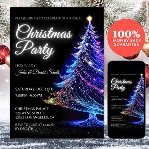 Christmas Party Invitation, Editable Digital Christmas Invitation Template, Modern Elegant Design Blue Abstract Christmas Tree, Print, Text