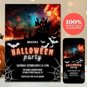 Halloween Invitation, Editable Halloween Party Digital Invitation Template, Haunted House Costume Party Invitation, Print, Email, Text