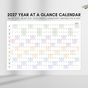 May include: A 2027 year at a glance calendar featuring a horizontal grid layout with months listed vertically in black text. The calendar includes pastel-coloured blocks for days and dates, with dimensions listed as 36x24 inches, 48x36 inches, and A0.