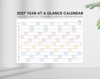Printbare kalender voor 2027 – Grote jaarplanner voor aan de muur (pastelkleuren), PDF & PNG