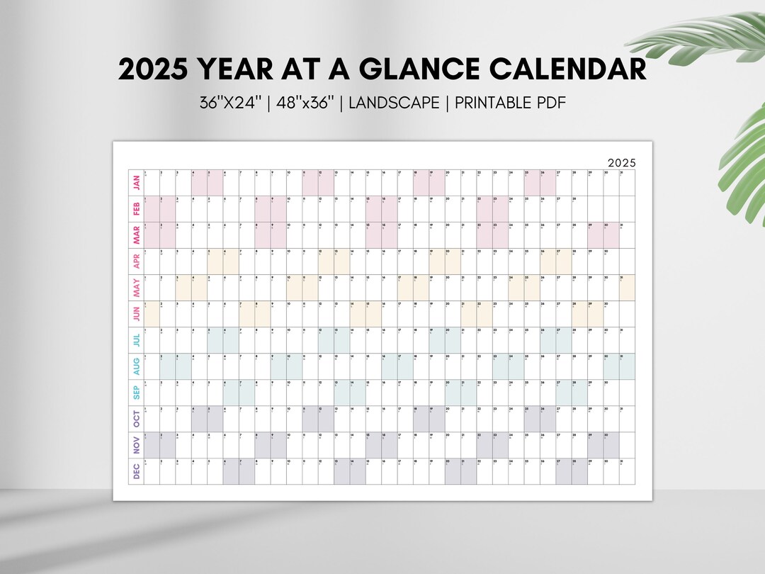 2025 Year at a Glance Calendar, Large Horizontal Colorful 2025 Calendar