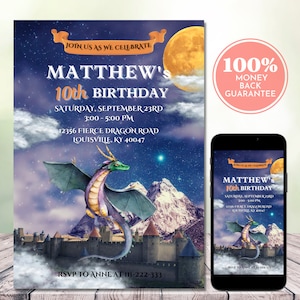 Dragon Birthday Invitation | Dragon Invitation | Fantasy, Castle, Medieval, Nature | Editable Digital Birthday Party Invite | 5"x7" & Phone