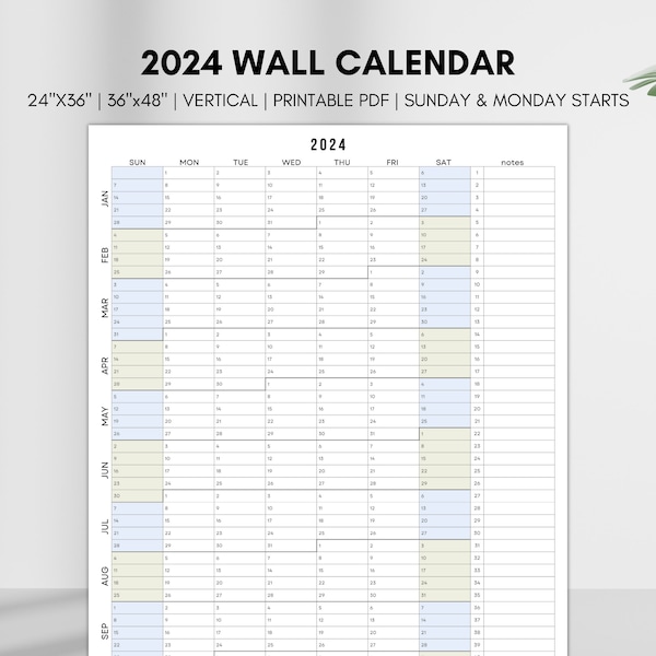 Large 2024 Calendar, Year at a Glance 2024 Calendar Printable, Continuous Vertical 2024 Calendar, 2024 Annual Planner, Stacked Months