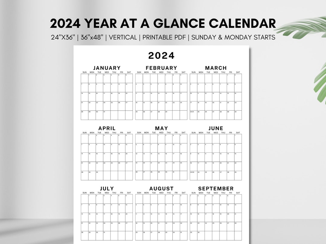 Year at a Glance 2024 Calendar, Large Printable 2024 Wall Calendar ...