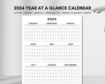 Jahr auf einen Blick 2024 Kalender, Großer druckbarer Wandkalender 2024, Riesiger vertikaler Jahresplaner 2024, 12 Monate Ganzjahresplaner mit einer Seite