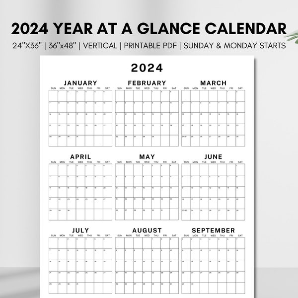 Year at a Glance 2024 Calendar, Large Printable 2024 Wall Calendar, Giant Vertical 2024 Annual Planner, 12 months Full Year One Page Planner