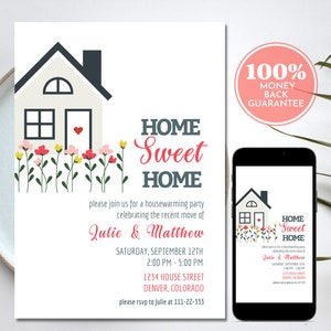 Housewarming Party Invitation, Editable Printable Digital Modern Housewarming Invite, Flowers, House, 5"x7" & Phone, Instant Download