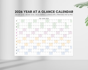 Calendario de pared imprimible 2026: Planificador anual grande de un vistazo (colores pastel), PDF y PNG