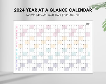 2024 Year at a Glance Calendar, Large Horizontal Colorful 2024 Calendar, Printable Giant 2024 Planner, Pastel Colors, Instant Download PDF