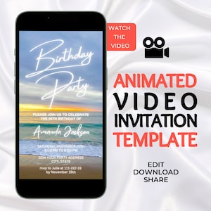 Può includere: Lo schermo di uno smartphone mostra un modello di invito a una festa di compleanno con uno sfondo di tramonto sulla spiaggia. Il testo recita "Birthday Party" e include dettagli come la data, l'ora e le informazioni RSVP. Il testo "Modello di invito video animato" viene visualizzato sullo schermo.