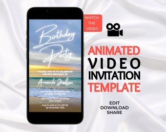 Ocean Sunset Video Geburtstagseinladung: Bearbeitbare digitale Vorlage