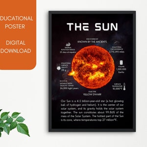 Puede incluir: Un póster educativo sobre el Sol, una estrella enana amarilla. El póster presenta una imagen de primer plano del Sol, junto con datos sobre su tamaño, temperatura superficial y distancia de la Tierra. El texto "THE SUN" se muestra en letras grandes y en negrita en la parte superior del póster.