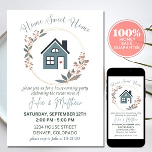 Housewarming Party Invitation, Pastel Blue Home Sweet Home Housewarming Invite, Editable Printable Digital Housewarming Invitation Template