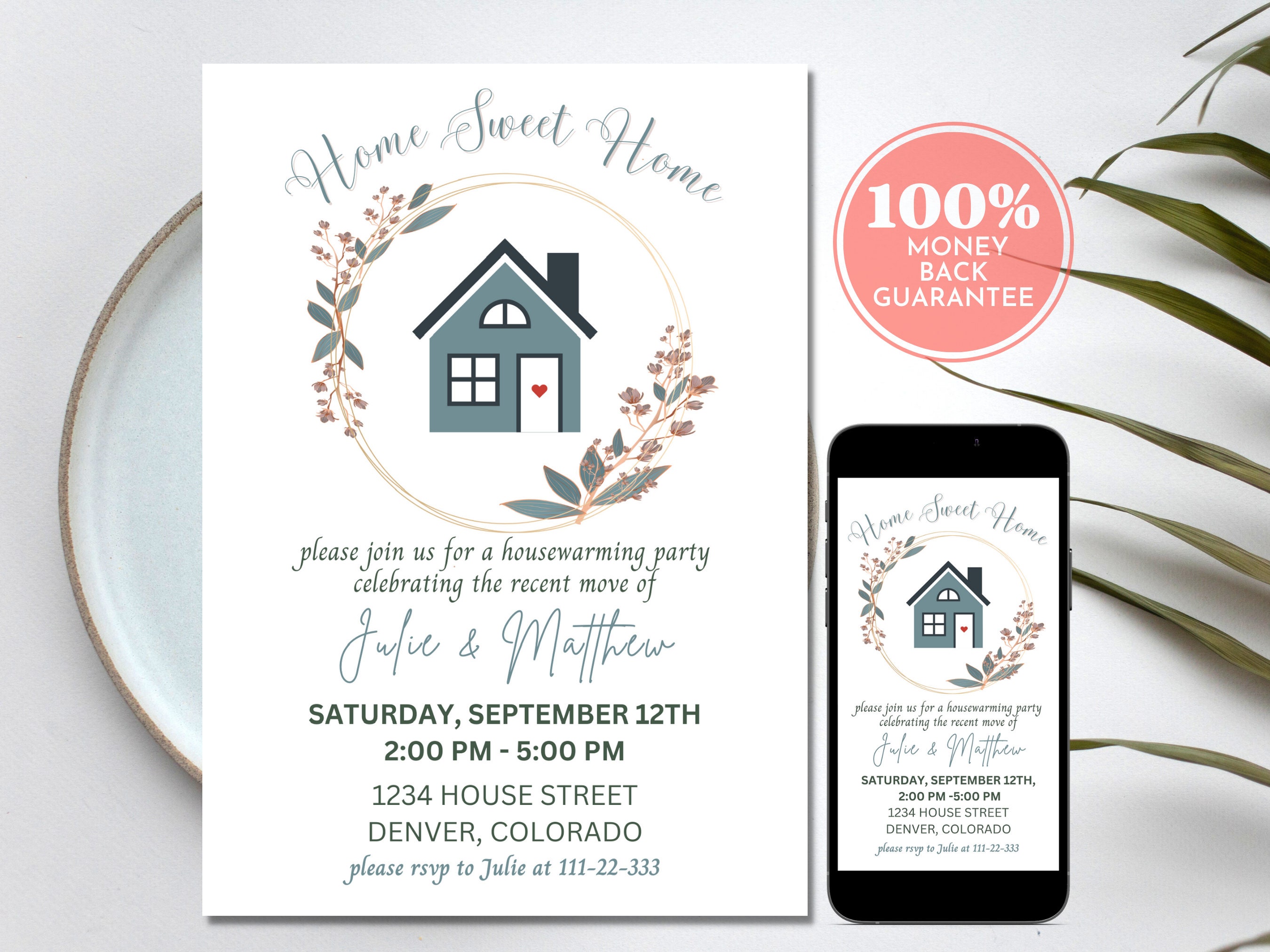 Pastel Blue Housewarming Invitation: Home Sweet Home, Editable Template (Digital Download)