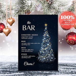 Christmas Party Bar Menu Sign, Editable Printable Drinks Menu Template, Christmas Signature Cocktail Sign, Holiday Bar Sign, A4 & US Letter