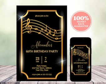 Music Notes Birthday Invitation, Editable Black Gold Music Birthday Party Invitation Digital Template, Musician Birthday Invite, Music Lover