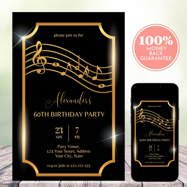 Music Notes Birthday Invitation, Editable Black Gold Music Birthday Party Invitation Digital Template, Musician Birthday Invite, Music Lover