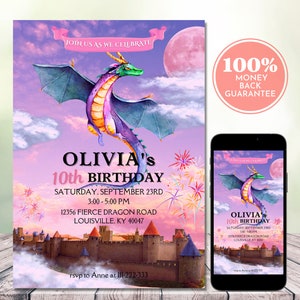 Dragon Birthday Invitation, Fantasy Fairy Tale Pink Blue Birthday Party Invitation, Editable Digital Dragon Birthday Invite, 5"x7" & Phone