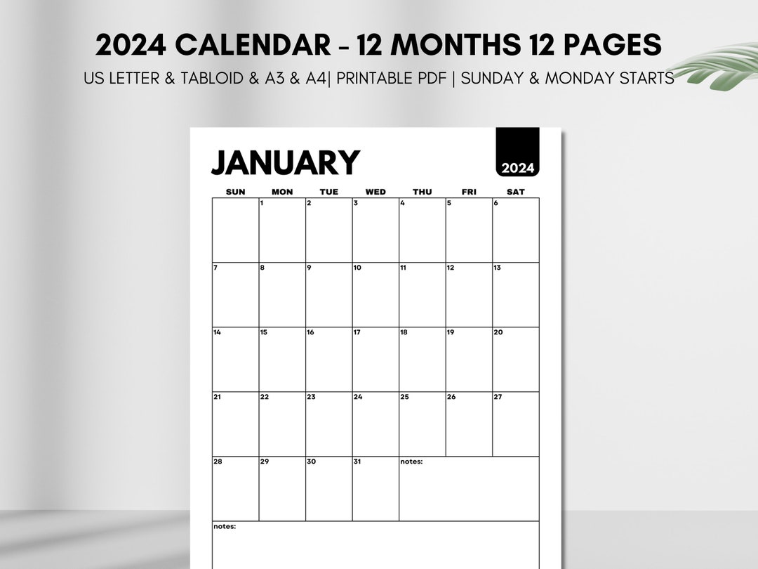 2024 Calendar, Printable 2024 Monthly Calendar, Vertical 2024 Annual