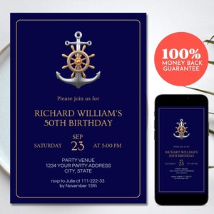Nautical Birthday Invitation, Elegant Navy Blue Anchor Birthday Party Invite, Editable Digital Template, 5x7 & Phone, Instant Access