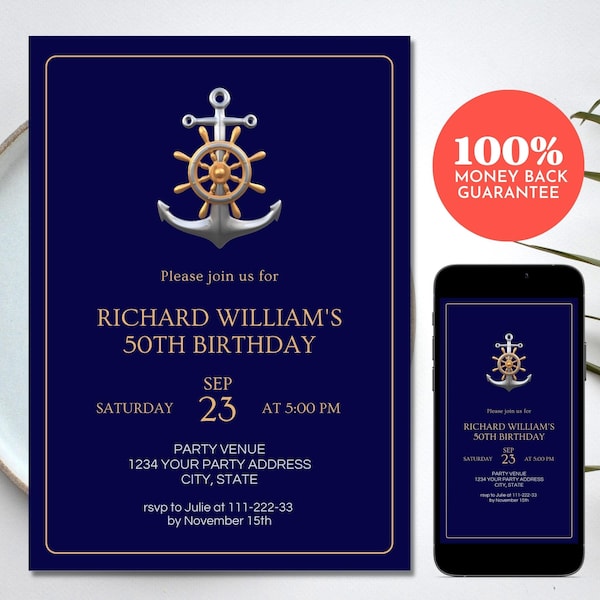 Nautical Birthday Invitation, Elegant Navy Blue Anchor Birthday Party Invite, Editable Digital Template, 5x7 & Phone, Instant Access