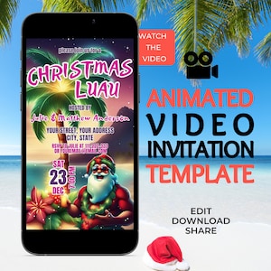 Geanimeerde kerst Luau uitnodiging voor feest, Hawaiiaanse kerst Luau video uitnodiging, bewerkbare telefoon Evite, zomer kerst tropisch, kerstman