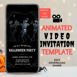 May include: Animated video invitation template for a Halloween party. The invitation features a black background with a spider web design and skeletons dancing. The text on the invitation reads "Join us if you dare for a Halloween Party" and includes the date, time, and location of the party.