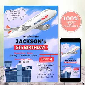 Convite de aniversário de companhias aéreas, modelo de convite digital editável para festa de aniversário de avião de aviação, convite de aniversário de piloto, 5x7" e telefone
