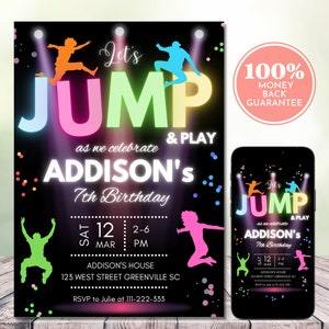 Jump Birthday Invitation, Trampoline Birthday Party Editable Digital Invitation Template, Neon Glow Let&#39;s Jump & Play Invite,  5&quot;x7&quot;, Phone