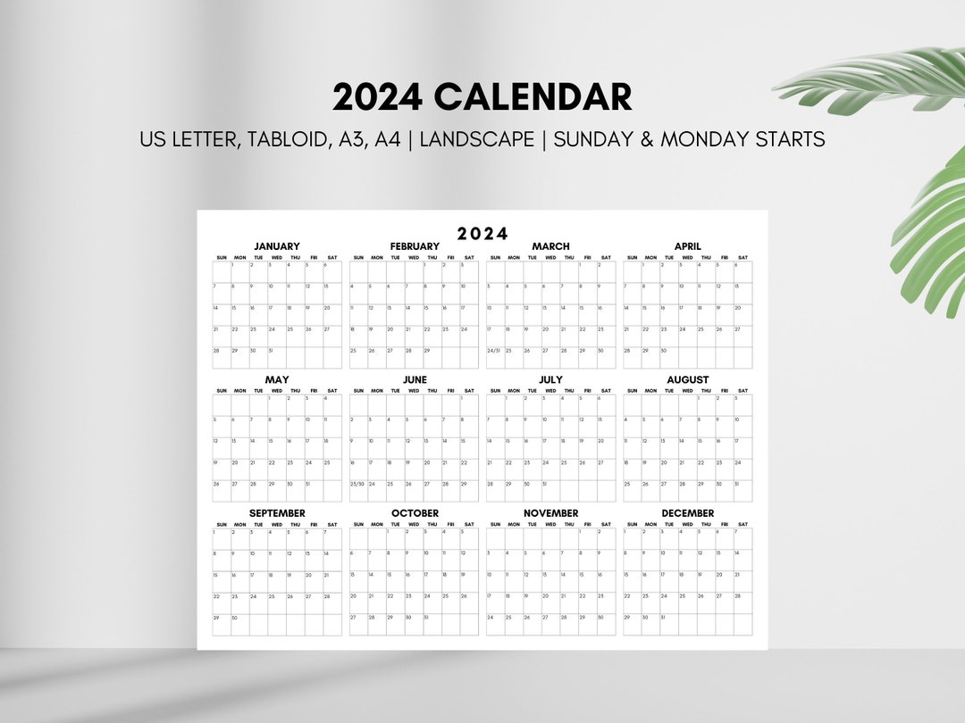 2024 Calendar, Year at a Glance 2024 Calendar, Printable Horizontal