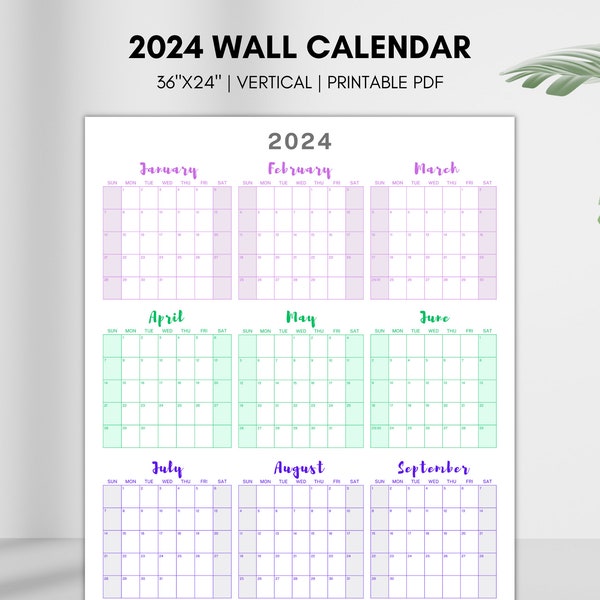 Large 2024 Wall Calendar, Year at a Glance 2024 Calendar, Vertical 2024 Planner, Annual Planner, Quarterly 4 colors Single Page Calendar