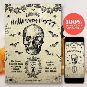 Gothic Halloween Invitation, Vintage Halloween Party Invitation, Editable Digital Costume Party Invite, Skull Spider Bats, Print or Text