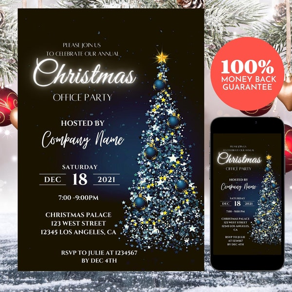 Christmas Office Party Digital Invitation Template, Modern Elegant Holiday Invitation with Blue Abstract Christmas Tree, Print, Text, Email