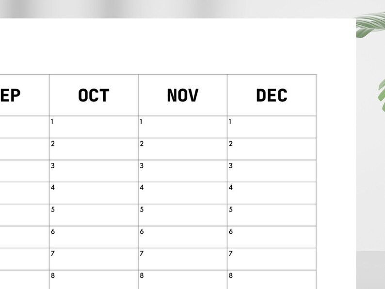Blank Yearly Calendar, Printable Perpetual Calendar, Large Single Page Undated Year at a Glance ...