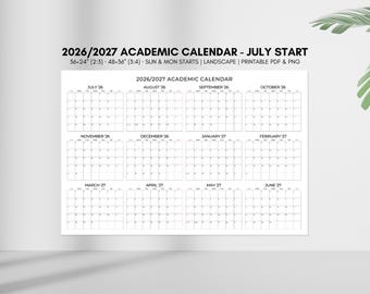 2026-2027 Academic Wall Planner, July Start, Printable PDF & PNG