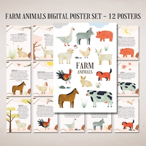 Bauernhof Tiere Poster Set, Landwirtschaft Klassenzimmer Poster, Lerndrucke für Kinder, Sofort Download
