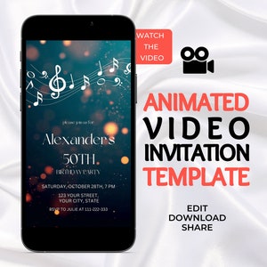 Faire-part d'anniversaire musical animé, invitation vidéo avec notes de musique, invitation de musicien, invitation chanson joyeux anniversaire, modèle modifiable