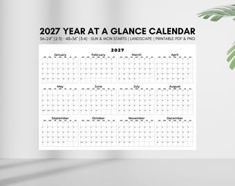 May include: A 2027 year at a glance calendar featuring twelve monthly grids arranged in a landscape layout. The text 2027 YEAR AT A GLANCE CALENDAR, 36x24 (2:3), 48x36 (3:4), SUN & MON STARTS, LANDSCAPE, and PRINTABLE PDF & PNG is printed above.