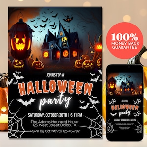 Halloween Invitation, Editable Halloween Party Digital Invitation Template, Haunted House Costume Party Invitation, Print, Text, Share