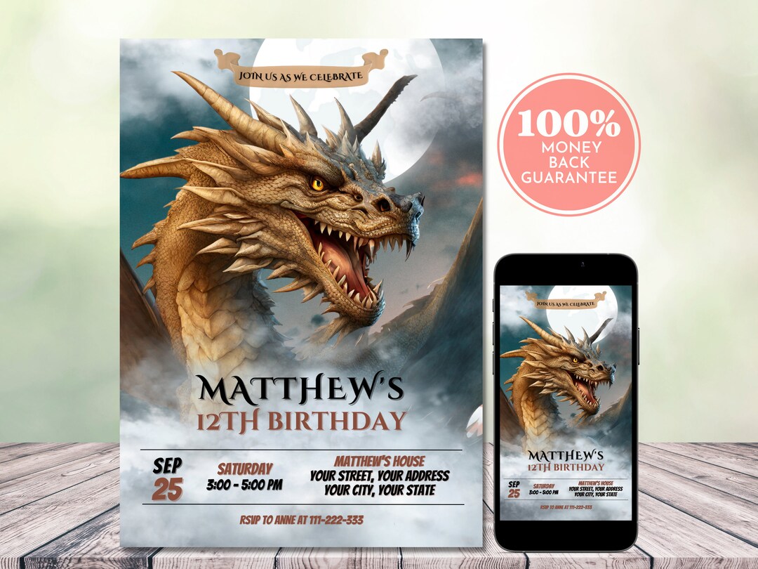Dragon Birthday Invitation, Editable Fierce Dragon Themed Birthday ...