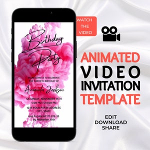 Invitación de video de cumpleaños con tinta rosa: Plantilla editable para teléfono
