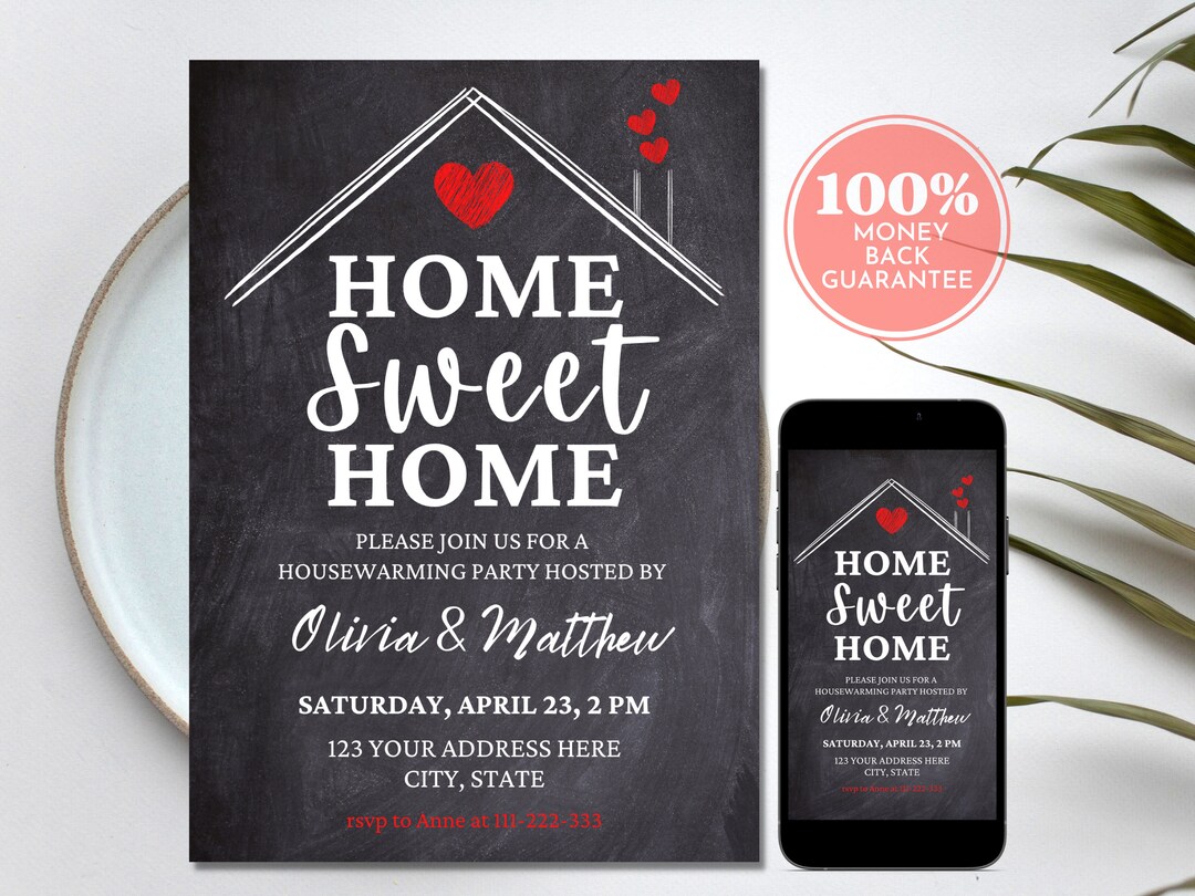 Housewarming Party Invitation, Black Chalkboard Red Hearts, Home Sweet ...