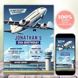 May include: A blue and white airplane birthday invitation with a cartoon airplane flying over a blue sky with white clouds. The invitation includes the text "Jonathan's 0th Birthday" and details about the party, including the date, time, and location. The invitation also includes a small image of a control tower.