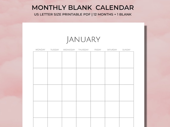 Printable Monthly Blank Calendar Simple Design Portrait - Etsy