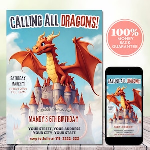 Convite de aniversário de dragão, convite de festa de aniversário de dragão vermelho fofo e castelo, convite de aniversário de dragão digital editável, 5"x7", telefone