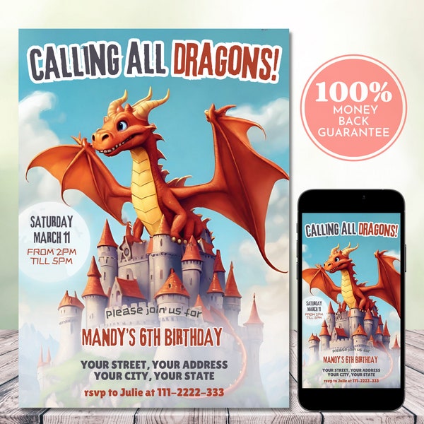 Dragon Birthday Invitation, Cute Red Dragon & Castle Birthday Party Invitation, Editable Digital Dragon Birthday Invite, 5"x7", Phone