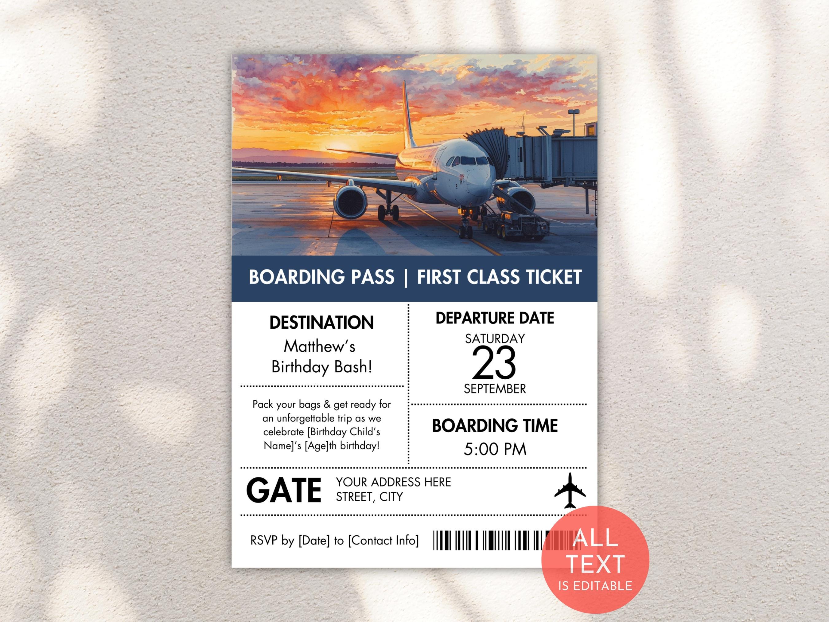 Boarding Pass Birthday Invitation Template, Airplane First Class Ticket ...