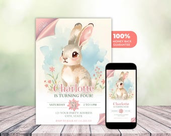 Bunny Birthday Invitation Template | Editable Rabbit Themed Invite