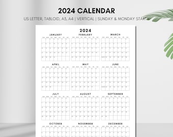 Calendario 2024 imprimible, Calendario anual 2024 de un vistazo, Planificador anual de una sola página 2024, Calendario de escritorio de 12 meses, Carta de EE. UU., Tabloide, A3, A4