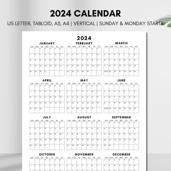 2024 Calendar Printable, Year at a Glance 2024 Calendar, Single Page 2024 Annual Planner, 12 month Desk Calendar, US Letter, Tabloid, A3, A4